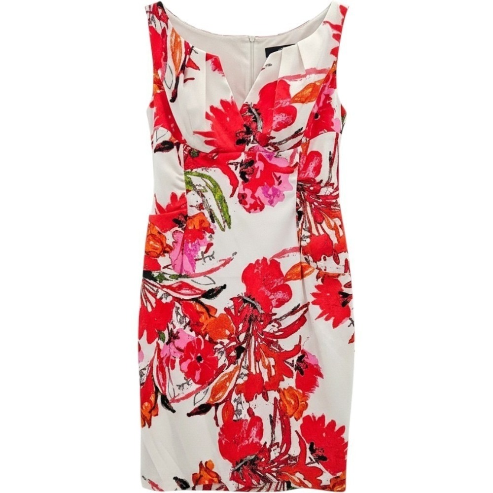 Ronni Nicole Womens Floral Sheath Dress Red Pink White Notched V-Neck Size 12
